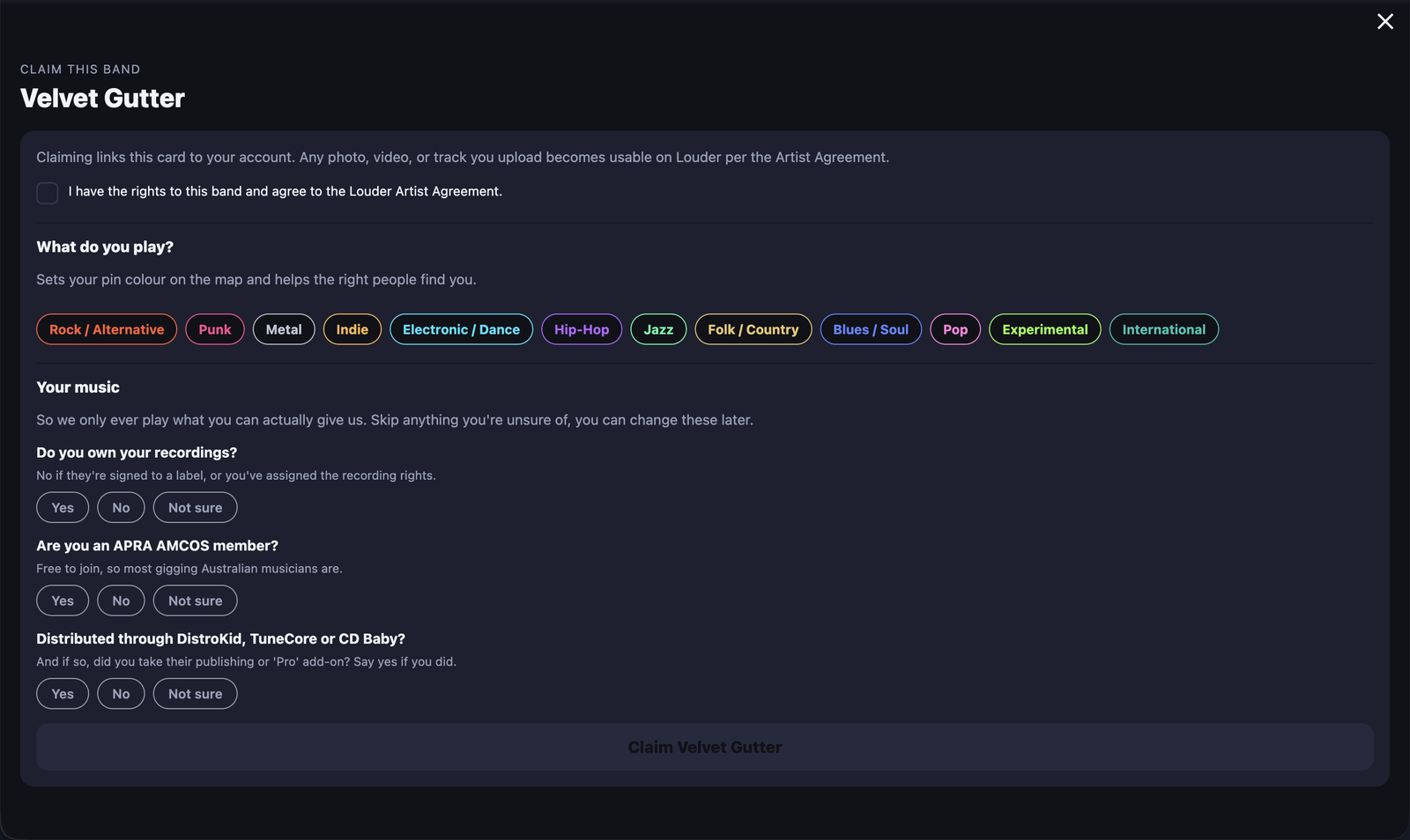The Louder claim screen for taking ownership of a band page