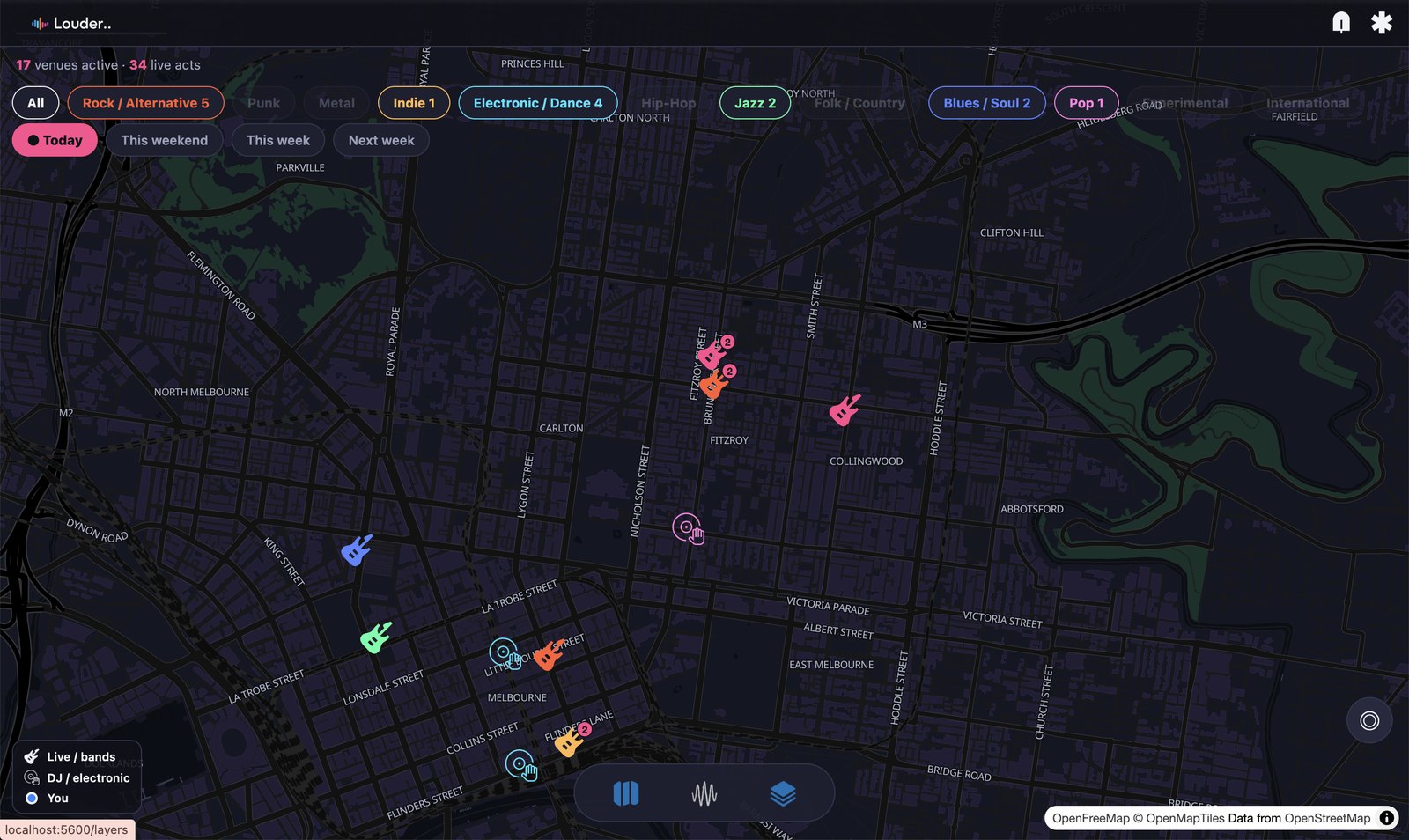 The Louder map with a single genre filtered on, showing only those gigs