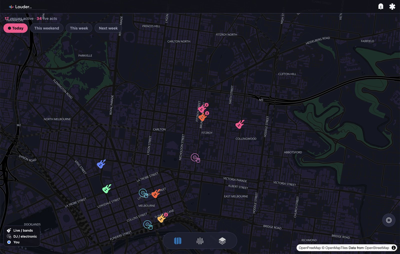 The Louder map showing tonight's gigs across inner Melbourne, with a pin for every venue