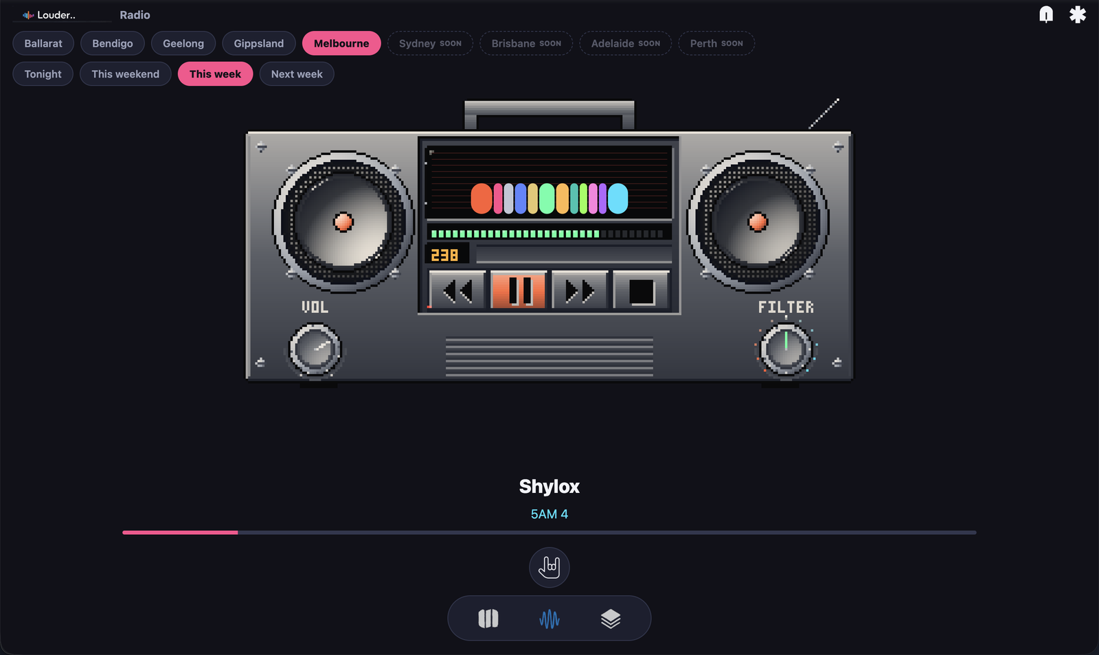 Louder Radio, showing the boombox player and the genre equaliser