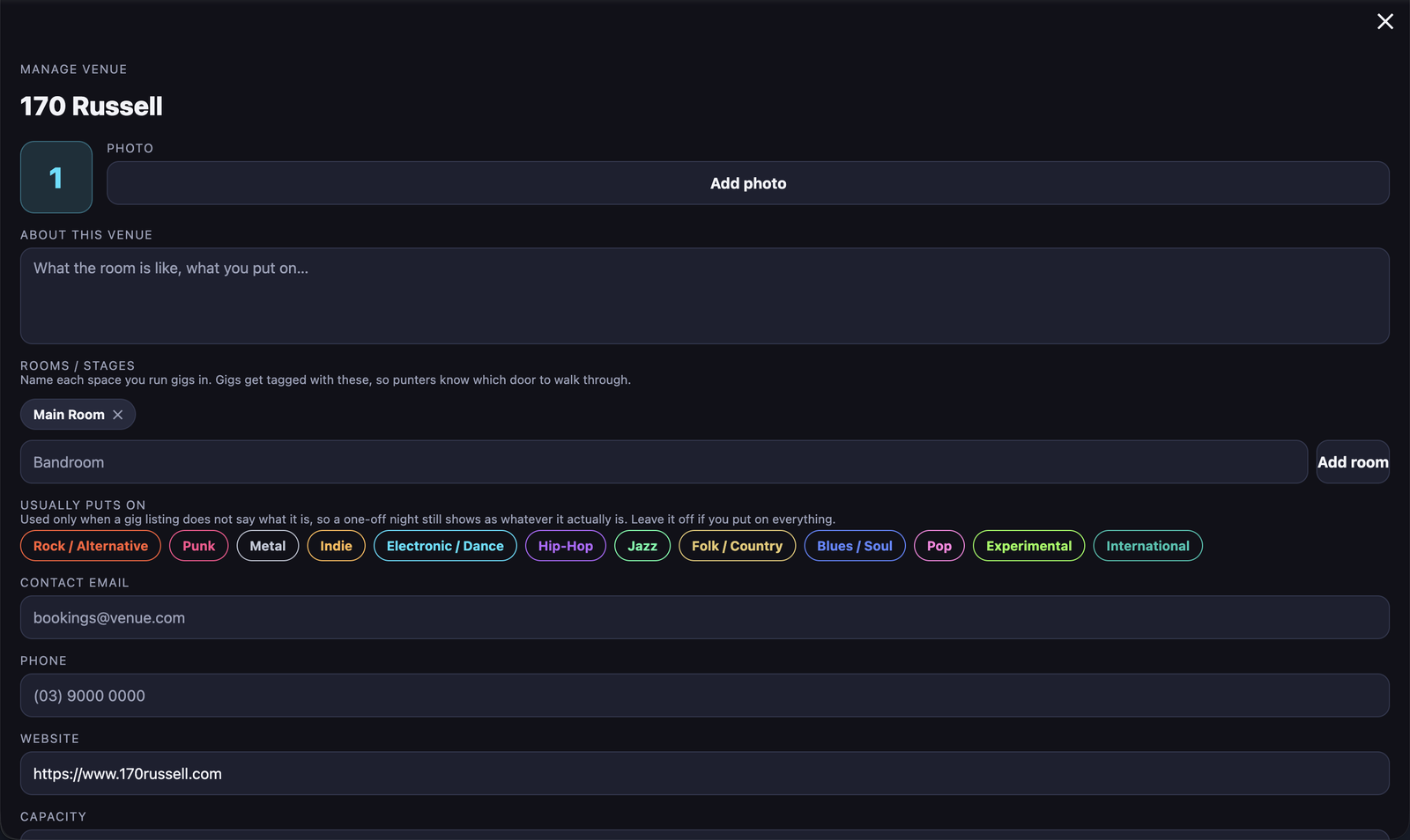A venue page on Louder showing its details and upcoming gigs